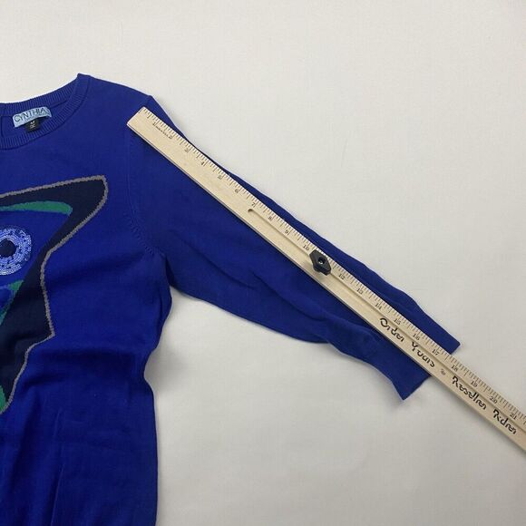 Cynthia Rowley Royal Purple Owl Sweater Sequins Round Neck Back Zip Cotton Sz M - Picture 3 of 9